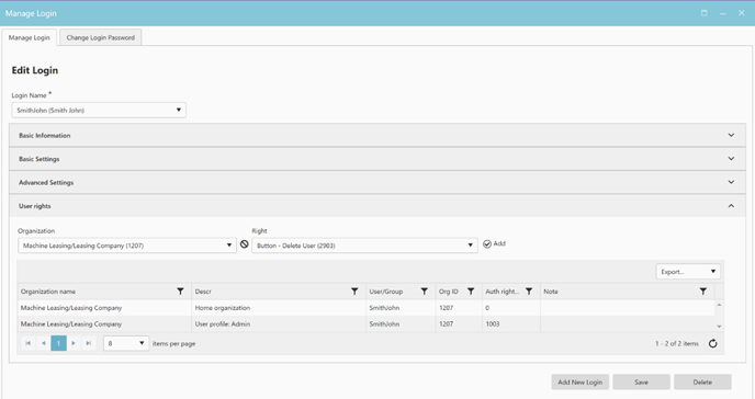 User rights in manage login